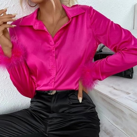 Feather Fuzzy Cuffed Button Down Satin Blouse Top pink - Picture 2 of 6